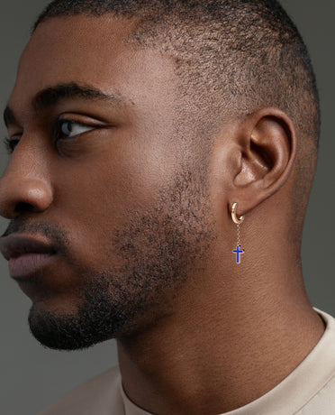 DANGLE CROSS Hoop Gold Earring on the chain with Lapis