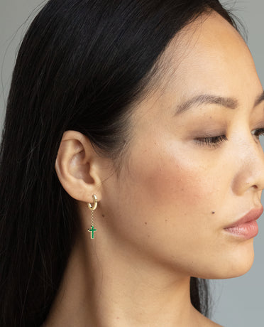 DANGLE CROSS Hoop Gold Earring on the chain with Malachite