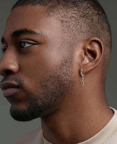 DANGLE Cross Gold Hoop Huggie Earring with 0.12ct Black Diamonds