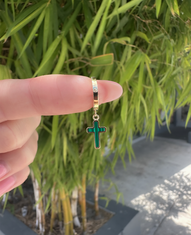 DANGLE CROSS Hoop Gold Earring with Malachite