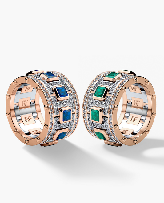 LA PAZ Two Tone Gold Diamond Matching Wedding Band Set with Sapphires and Emeralds